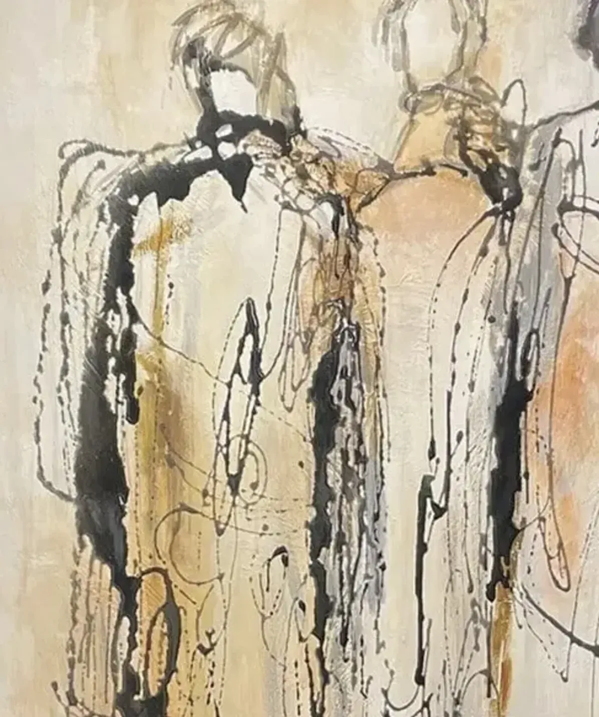 Black and Cream Abstract Figures Handpainted Canvas Art 48"W x 72"H