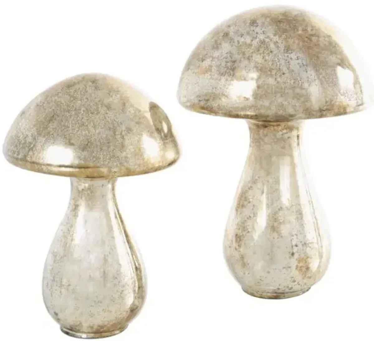 Set of 2 Mercury Glass Mushroom Sculptures 10"/12"H