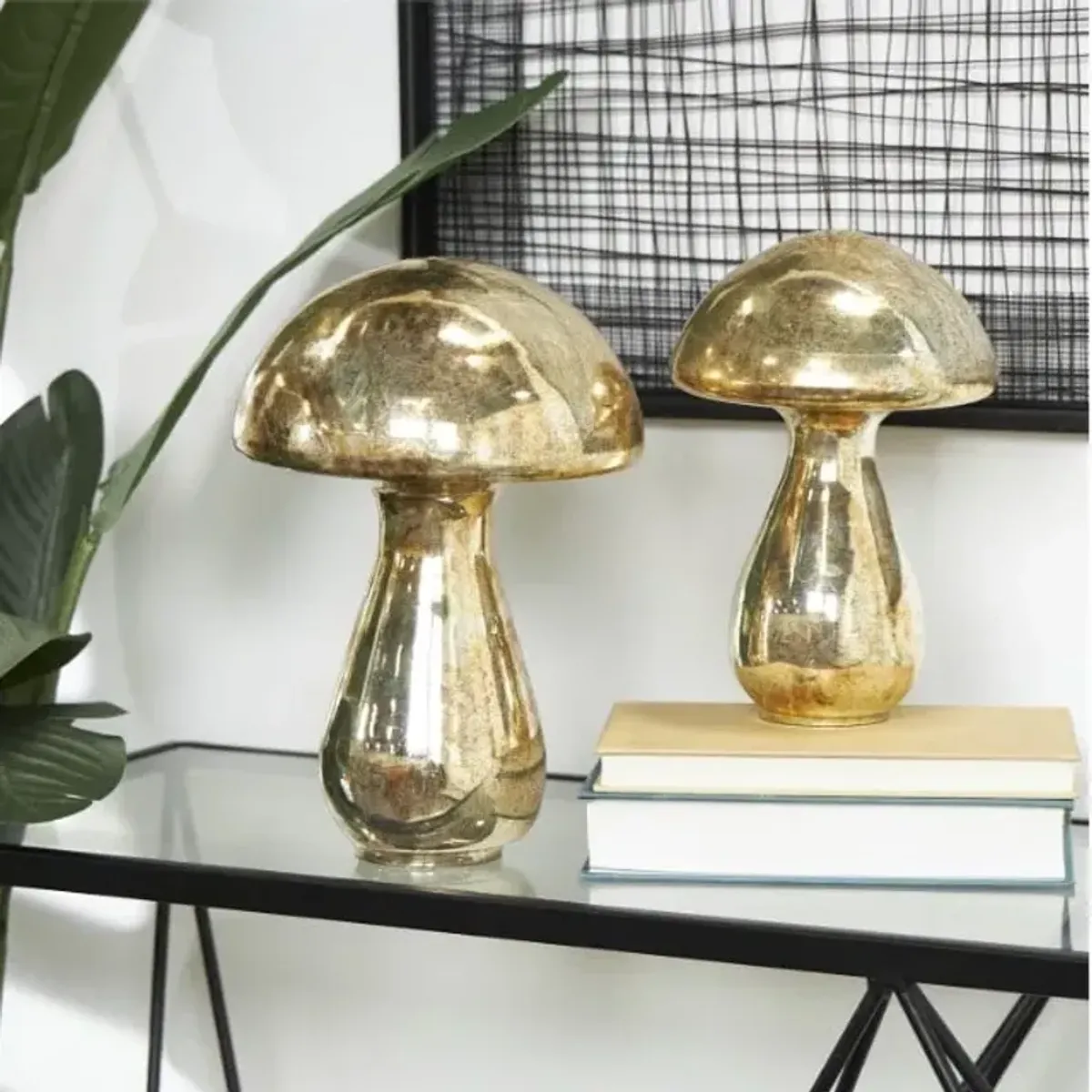 Set of 2 Mercury Glass Mushroom Sculptures 10"/12"H