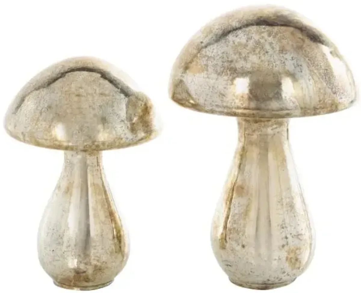 Set of 2 Mercury Glass Mushroom Sculptures 10"/12"H