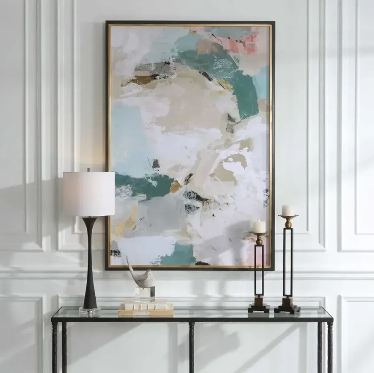 Teal and Cream Abstract Framed Canvas Print 61"W x 41"H