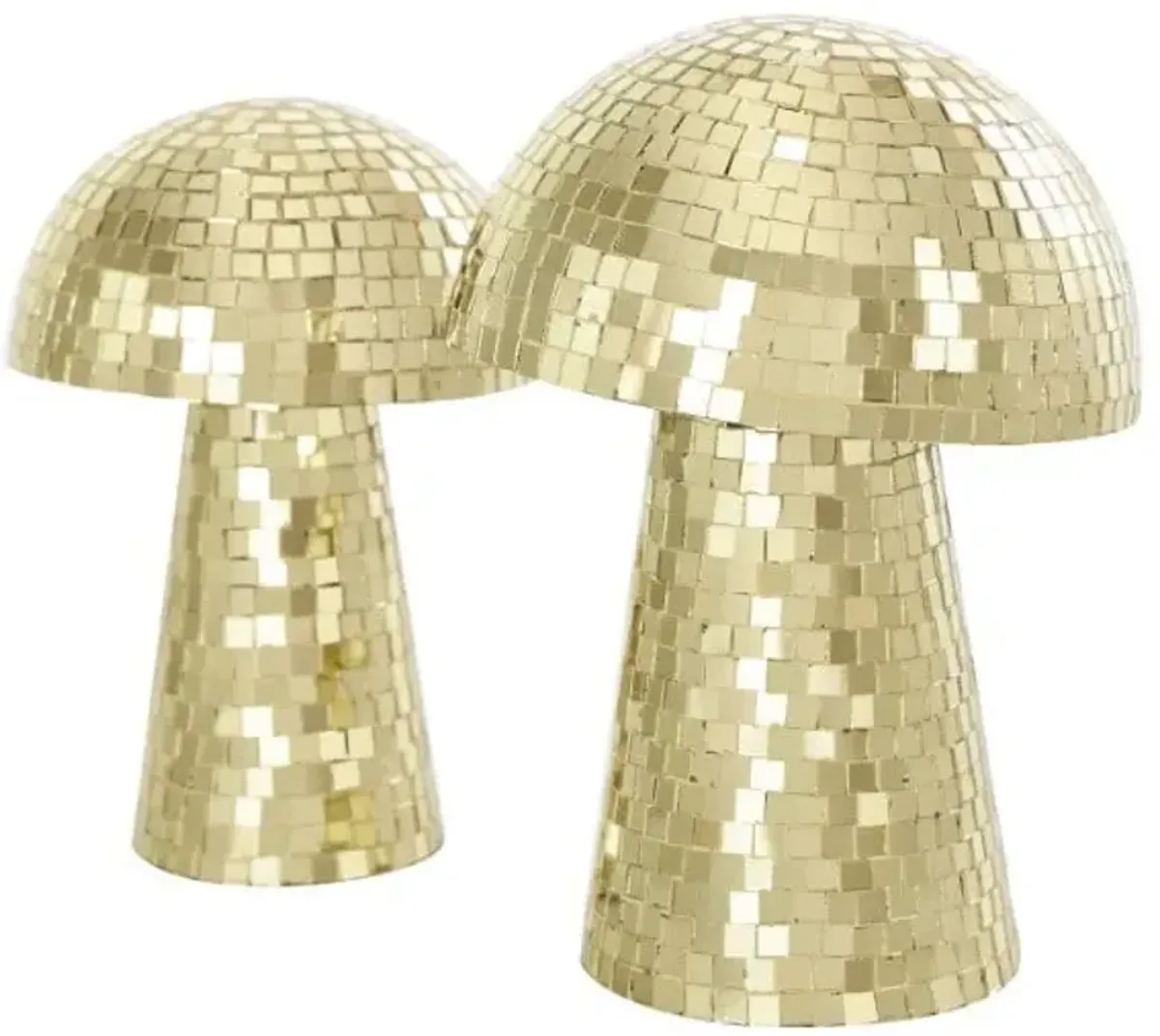 Set of 2 Gold Mosaic Mushroom Sculptures 8"/10"H