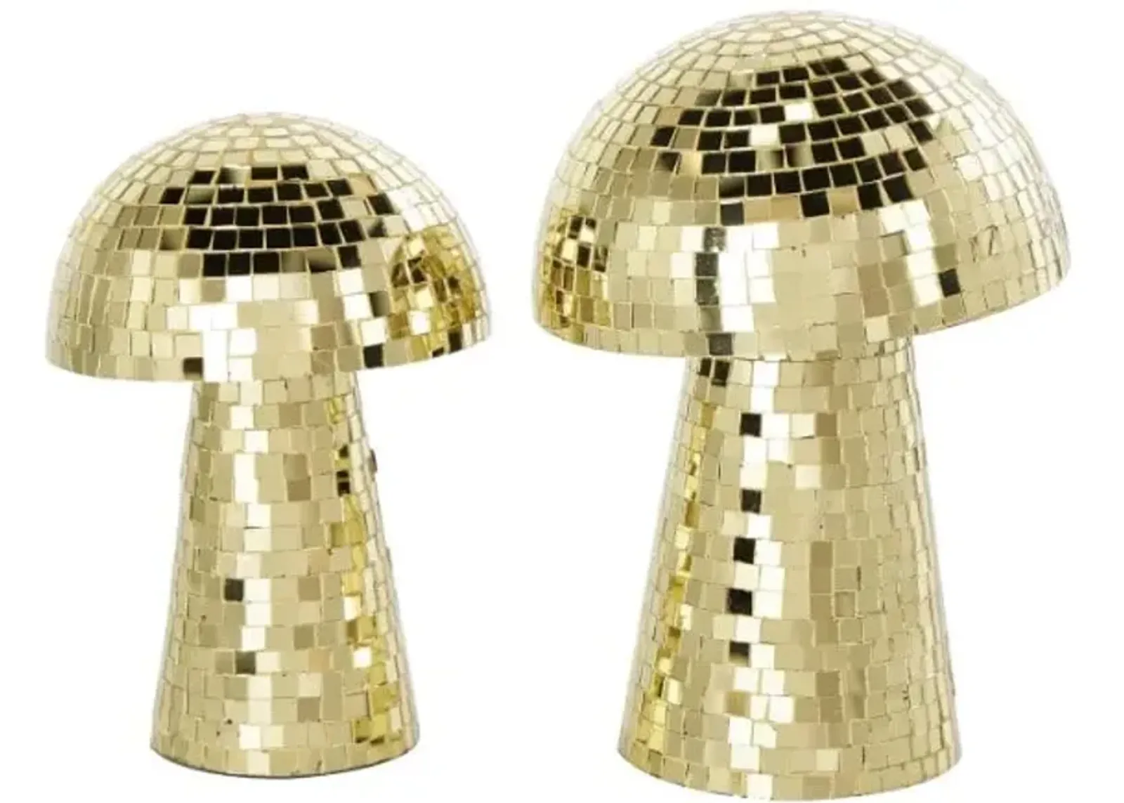 Set of 2 Gold Mosaic Mushroom Sculptures 8"/10"H