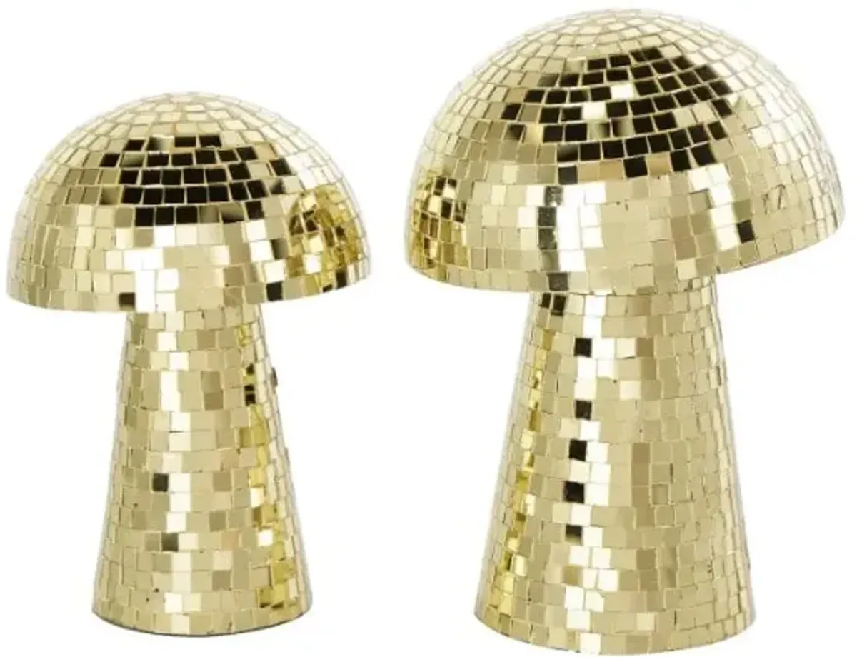 Set of 2 Gold Mosaic Mushroom Sculptures 8"/10"H