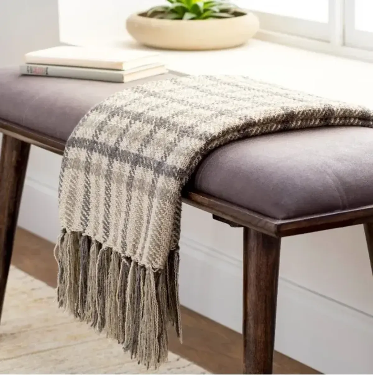 Beige and Tan Plaid Throw 50"W x 60"L