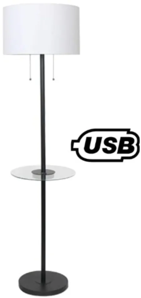 Matte Black Metal Floor Lamp with USB and Glass Tray 61"H
