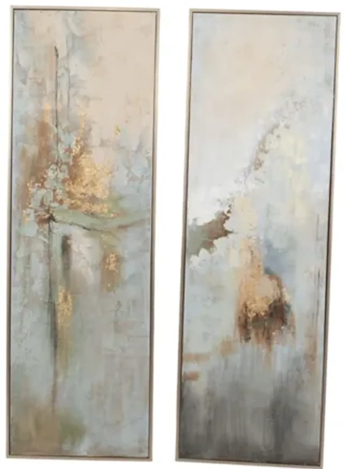 Set of 2 Green and Gold Abstract Handpainted Wall Art 22"W x 70"H