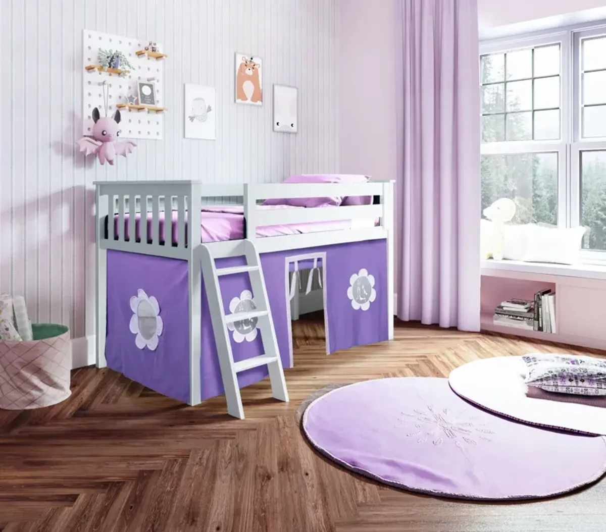 Low Loft Bed with Ladder & Purple Curtain