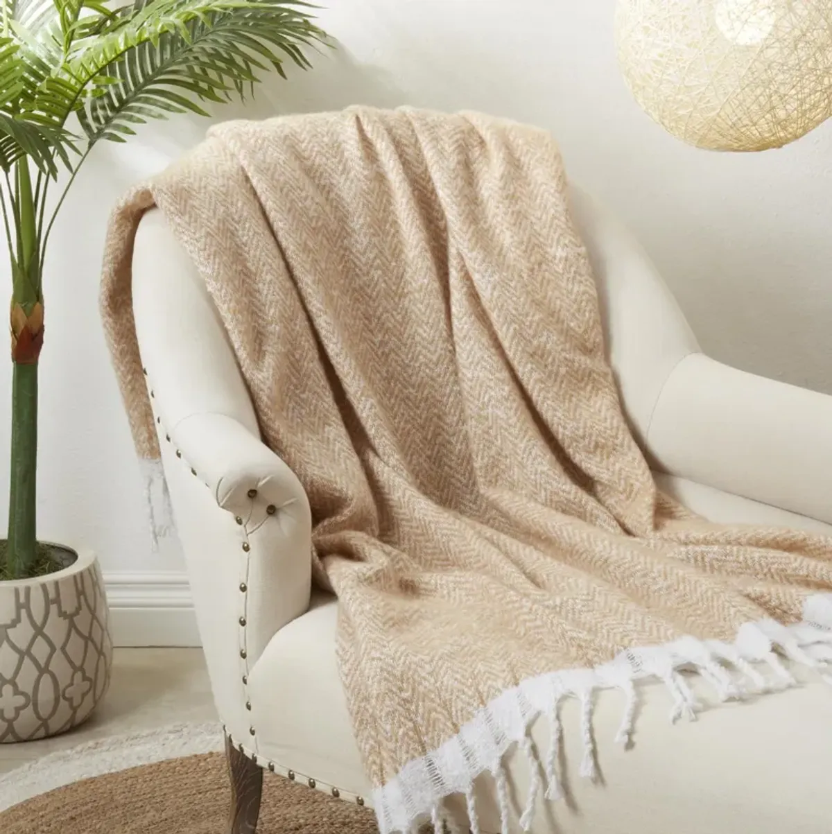 Natural Faux Mohair Herringbone Throw 50"W x 60"L