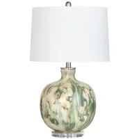 Green and Cream Reverse Painted Glass Table Lamp 26.75"H