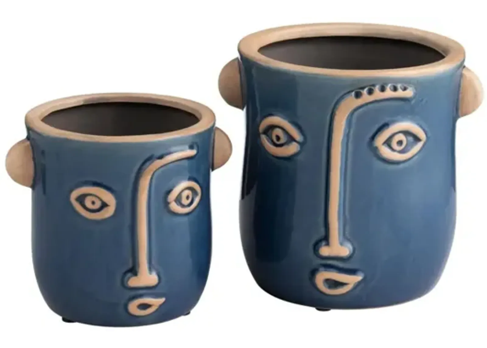 Set of 2 Blue Ceramic Emotion Face Vases 5.5/7"H