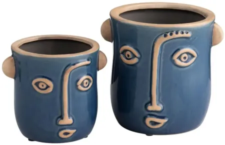 Set of 2 Blue Ceramic Emotion Face Vases 5.5/7"H