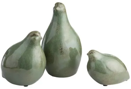Set of 3 Green Ceramic Partridge Statues 6"W x 9"H