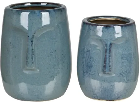 Set of 2 Blue Ceramic Face Vases 5/7"H