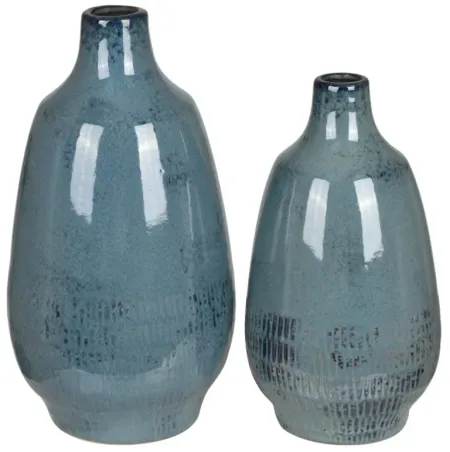 Set of 2 Blue Ceramic Vases 6/7"W x 10.5/13"H