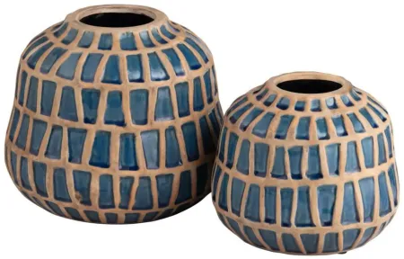 Set of 2 Blue and Tan Ceramic Vases 6.5/8"H