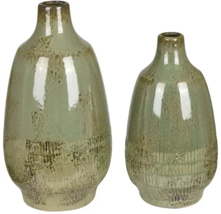 Set of 2 Green Ceramic Vases 6/7"W x 10.5/13"H