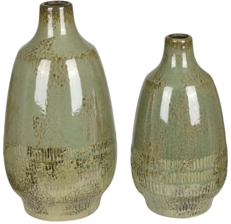 Set of 2 Green Ceramic Vases 6/7"W x 10.5/13"H