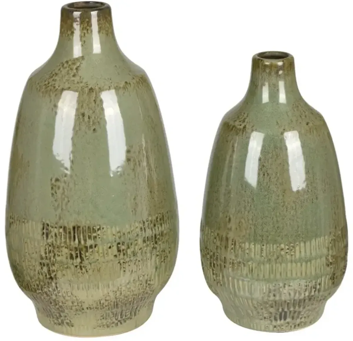 Set of 2 Green Ceramic Vases 6/7"W x 10.5/13"H