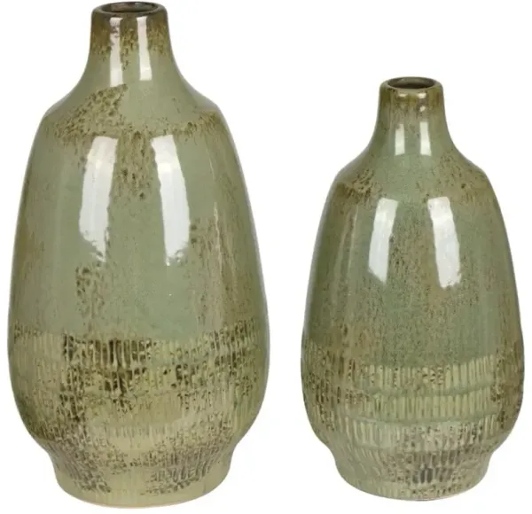Set of 2 Green Ceramic Vases 6/7"W x 10.5/13"H