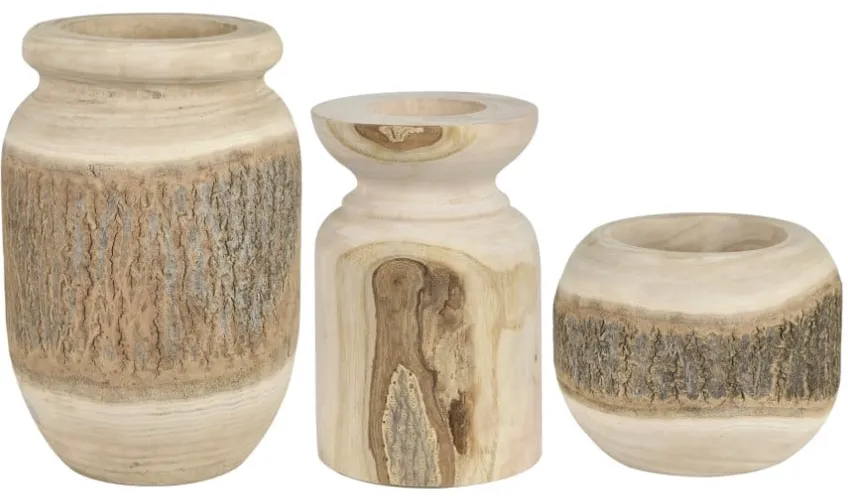 Set of 3 Natural Wood Vases 6.5/9/14.5"H