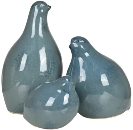 Set of 3 Blue Ceramic Partridge Statues 6"W x 9"H