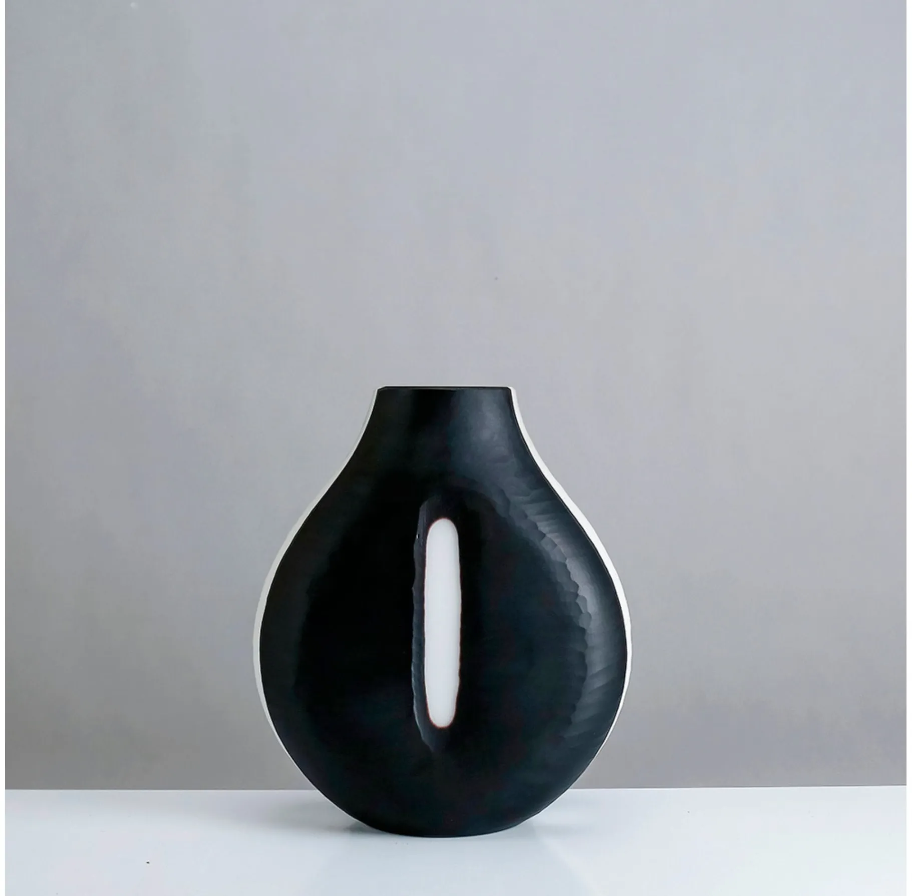 Short Black and White Glass Vase 9"W x 10"H