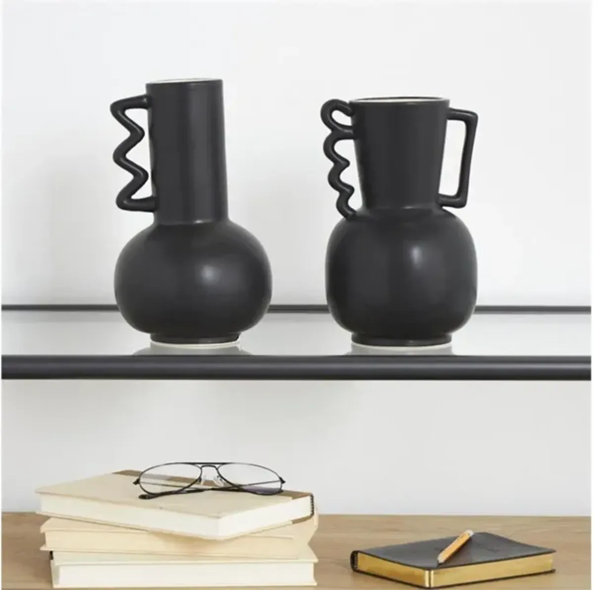 Set of 2 Black Ceramic Vases 6"W x 9/10"H