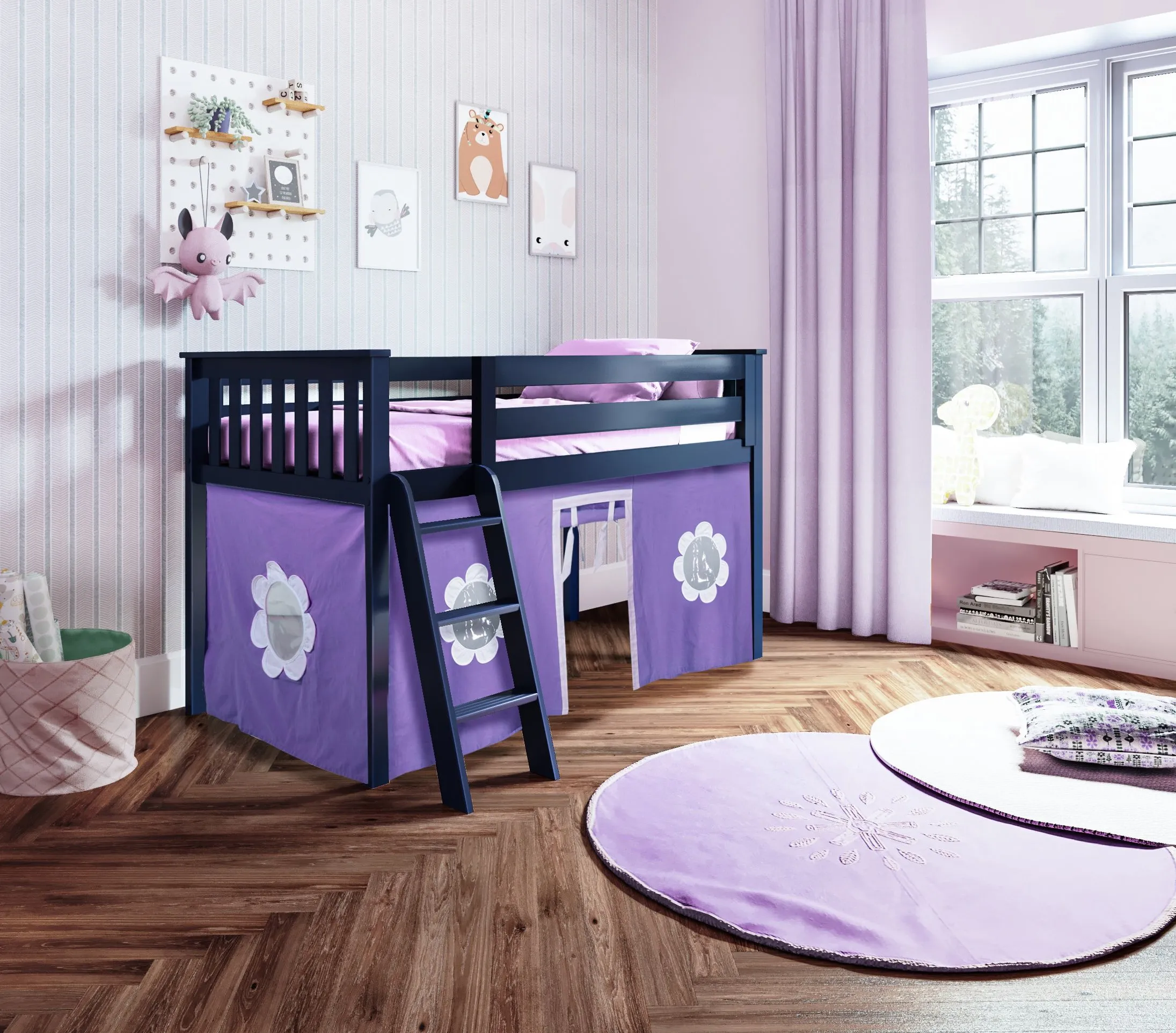 Low Loft Bed with Ladder & Purple Curtain