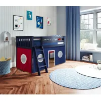 Low Loft Bed with Ladder & Blue Curtain
