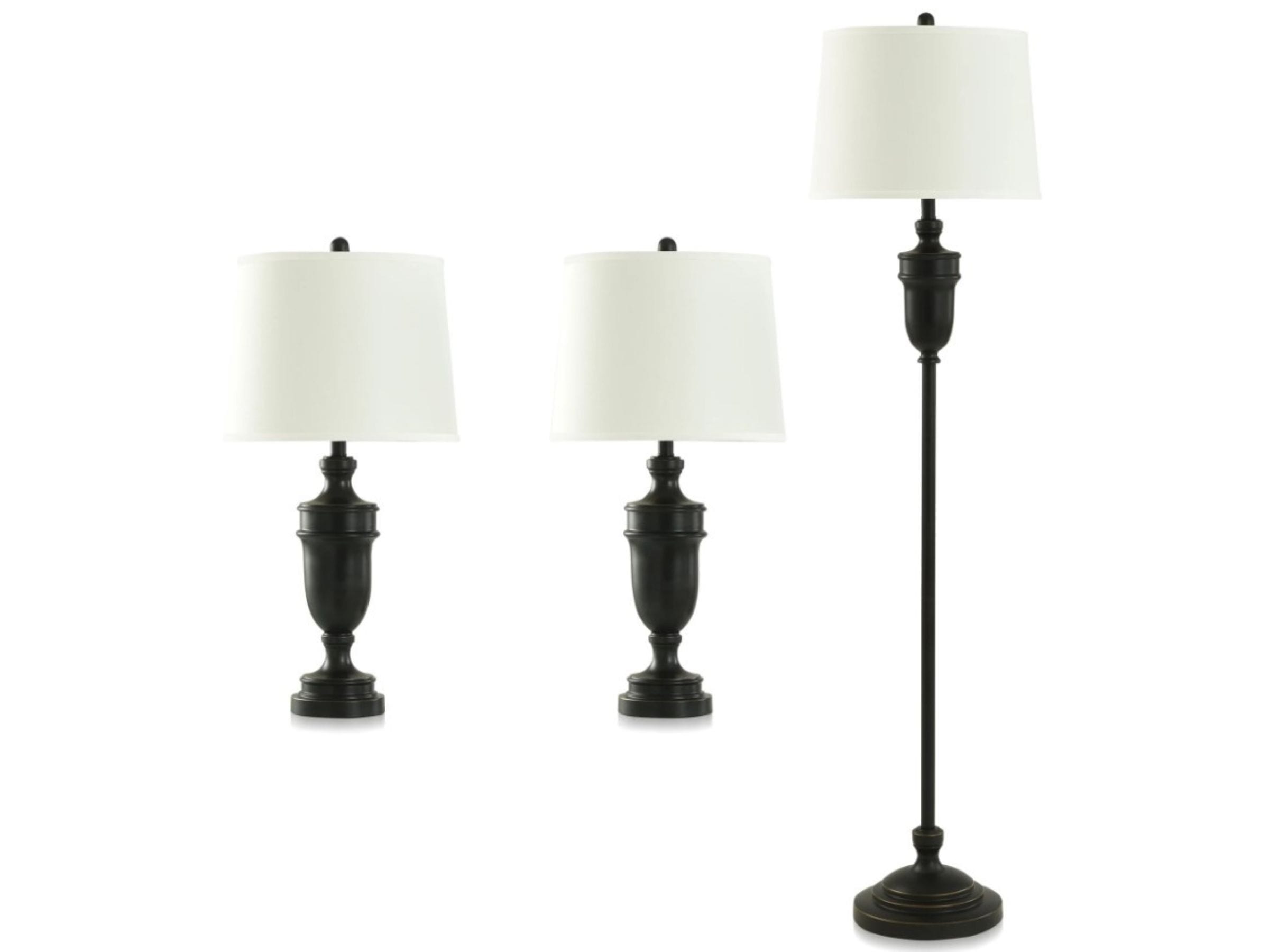 Set of 3 Classic Bronze Lamps - 2 Table Lamps plus 1 Floor Lamp 27"/62"H
