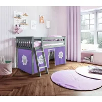 Low Loft Bed with Ladder & Purple Curtain