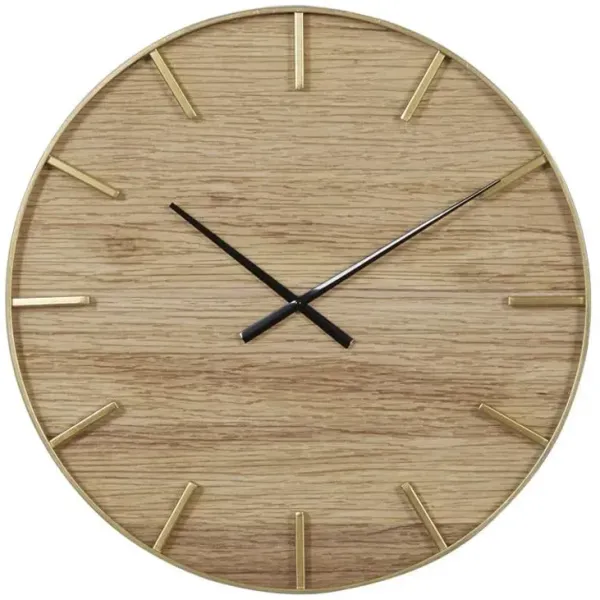 Natural Wood and Gold Metal Wall Clock 24" Round