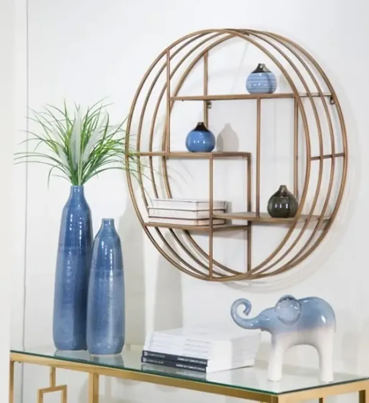 Round Bronze Metal and Wood Wall Shelf 32"H