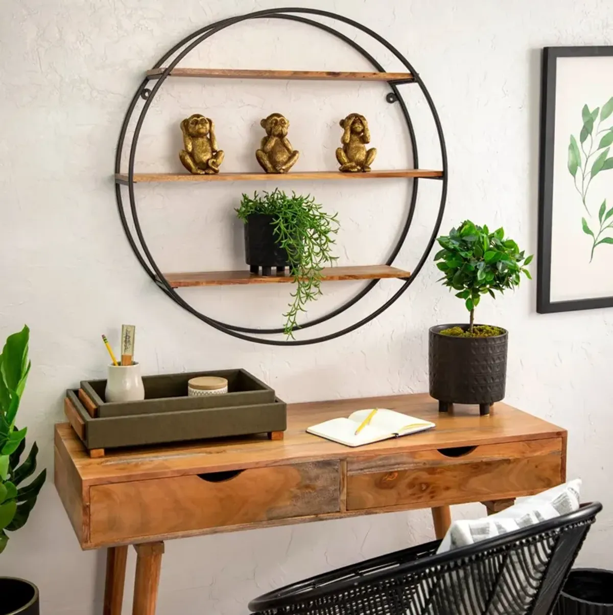 Round Metal and Wood Wall Shelf 31.5"H