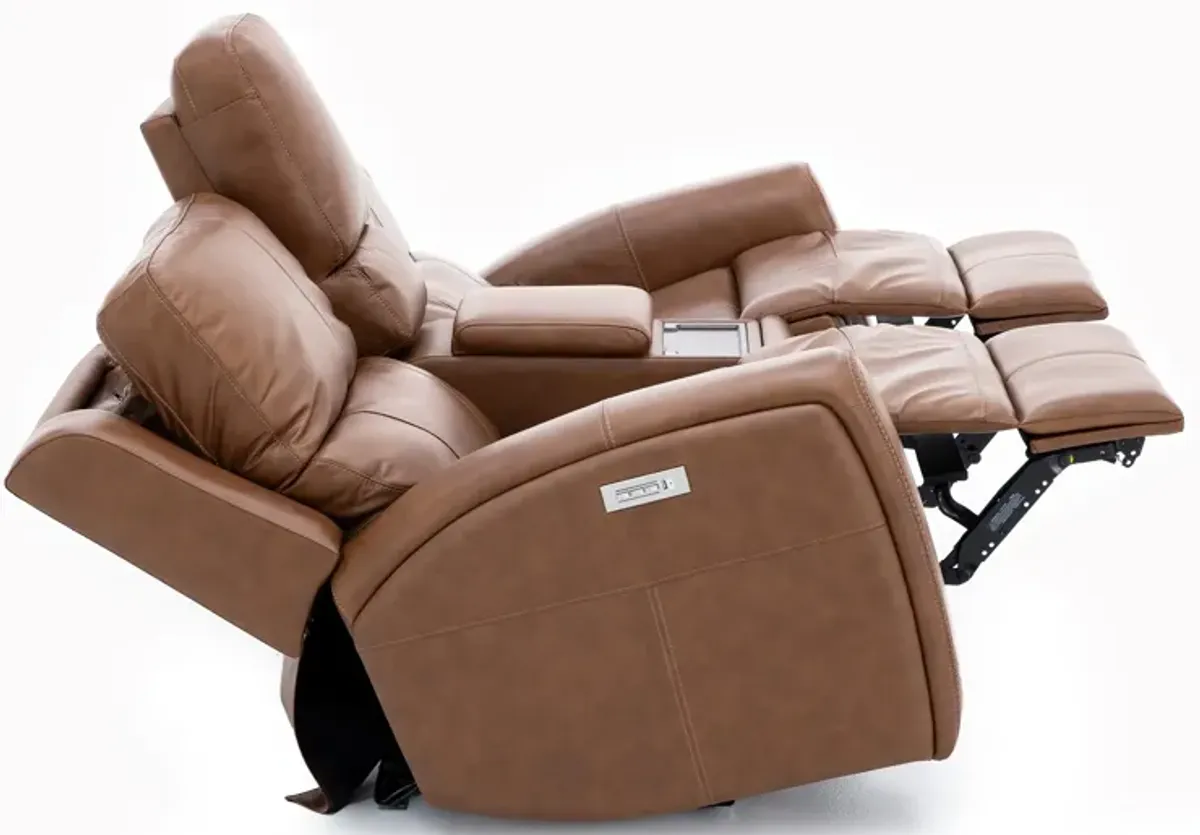 Landon Leather Zero Gravity Fully Loaded Reclining Console Loveseat in Caramel