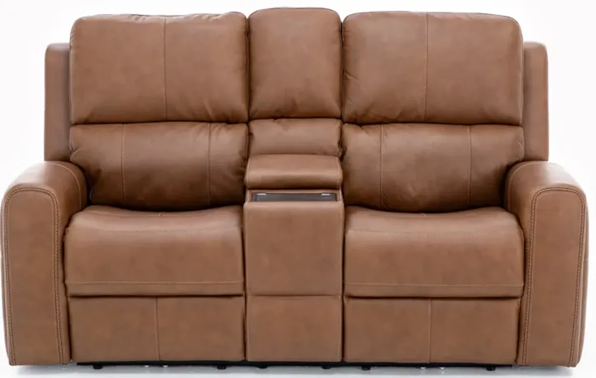 Landon Leather Zero Gravity Fully Loaded Reclining Console Loveseat in Caramel