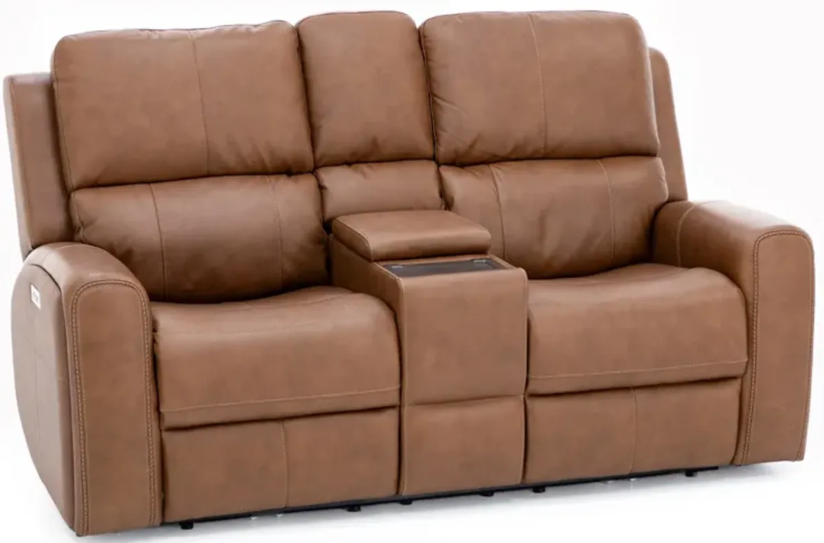 Landon Leather Zero Gravity Fully Loaded Reclining Console Loveseat in Caramel