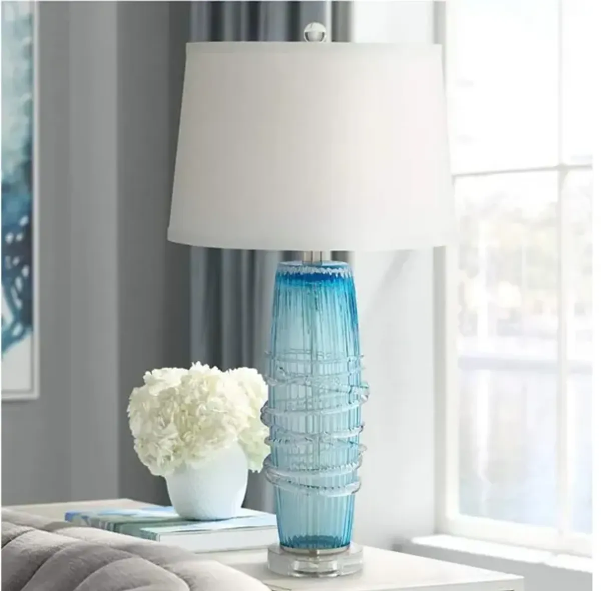 Blue Seeded Glass Table Lamp 28.5"H