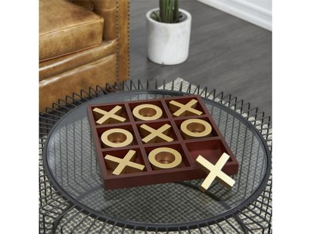 Brown and Gold Wood Tic Tac Toe Board 14"W x 2"H
