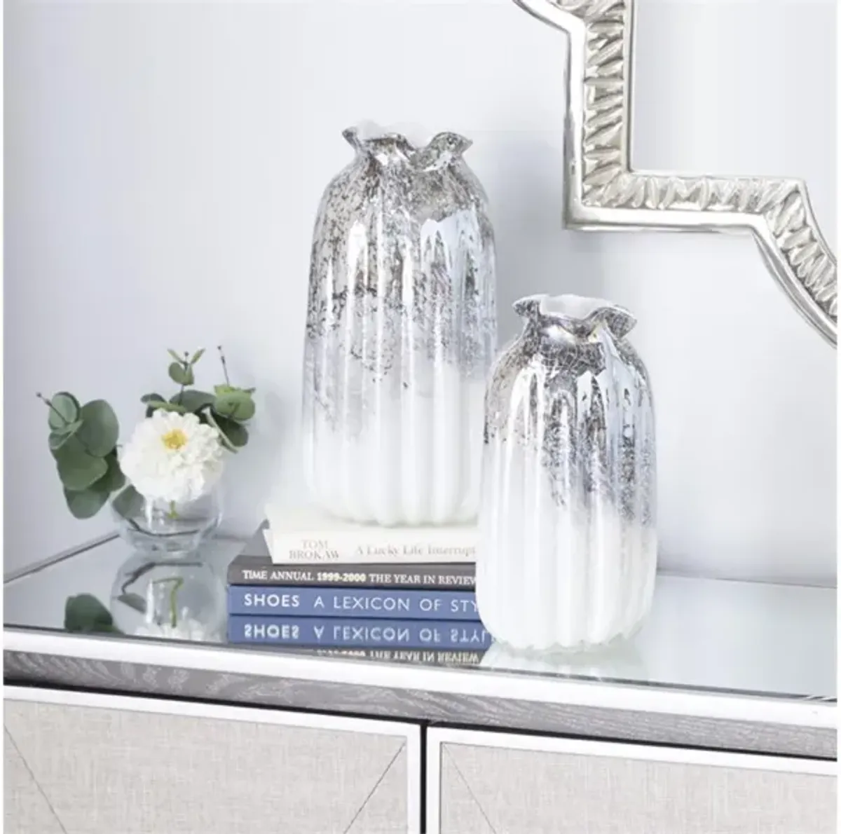 Set of 2 White and Grey Glass Vases 5"W x 10/12"H