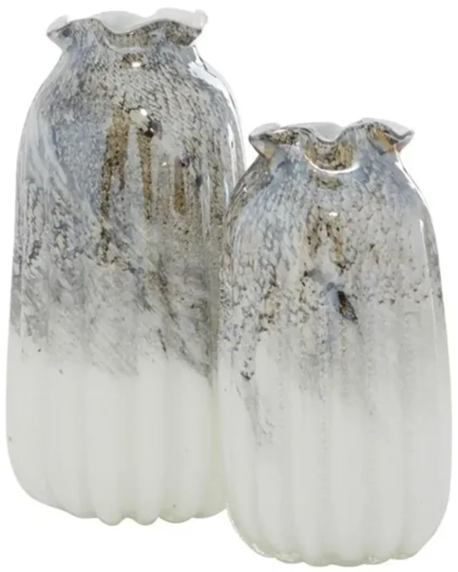 Set of 2 White and Grey Glass Vases 5"W x 10/12"H