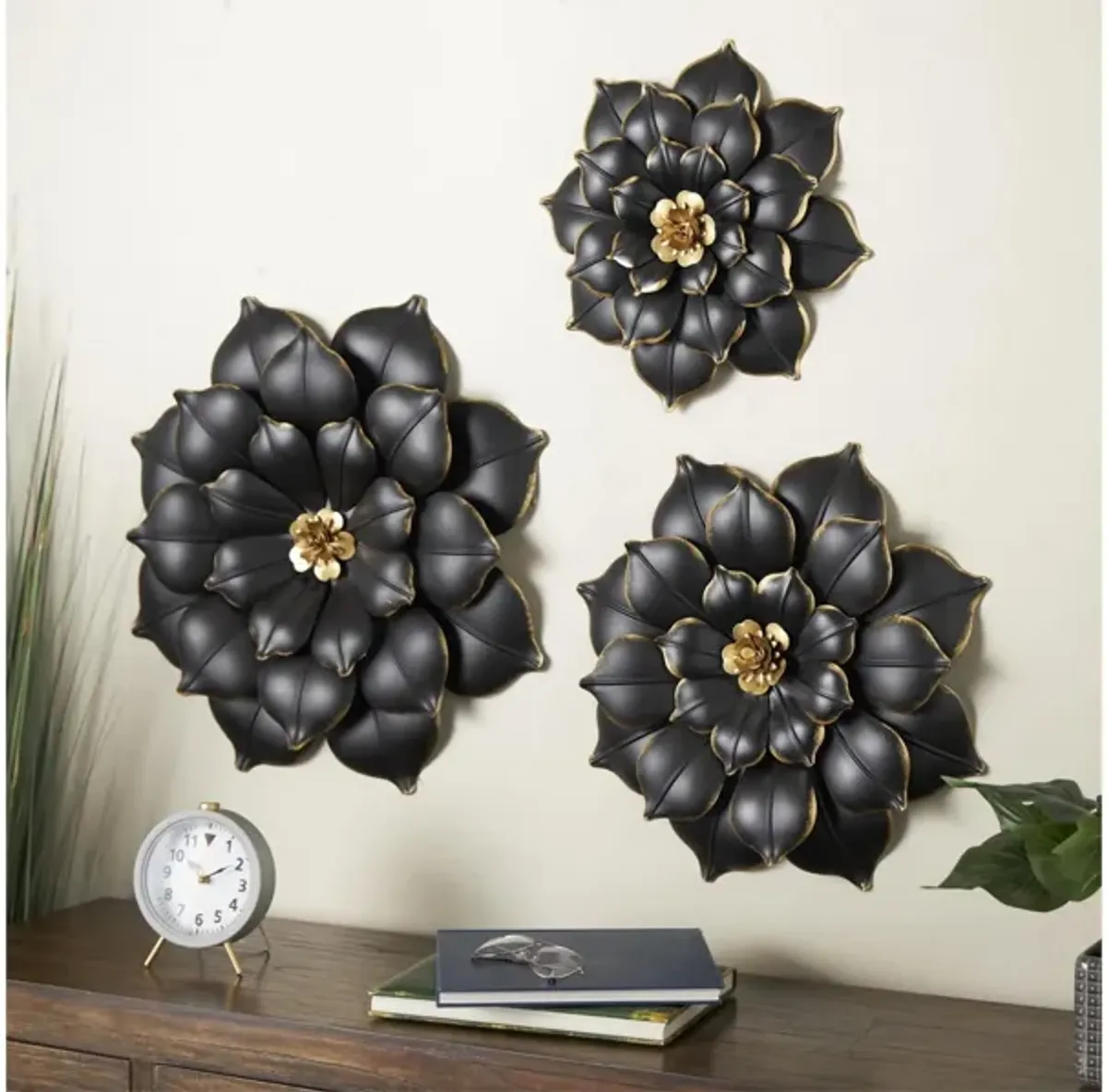 Set of 3 Black and Gold Metal Flowers Wall Decor 14/18/22"H