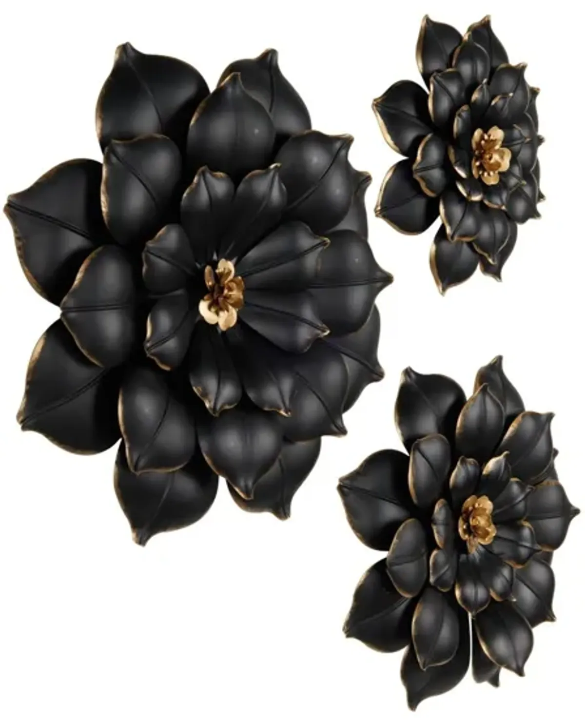 Set of 3 Black and Gold Metal Flowers Wall Decor 14/18/22"H