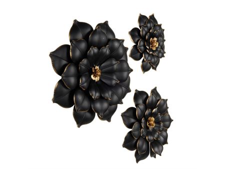 Set of 3 Black and Gold Metal Flowers Wall Decor 14/18/22"H