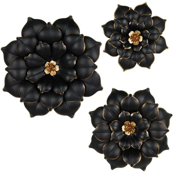 Set of 3 Black and Gold Metal Flowers Wall Decor 14/18/22"H