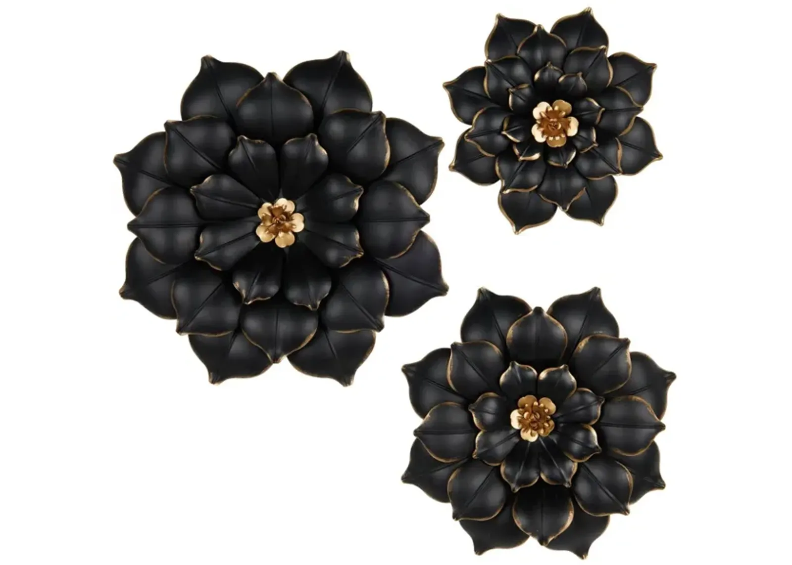 Set of 3 Black and Gold Metal Flowers Wall Decor 14/18/22"H