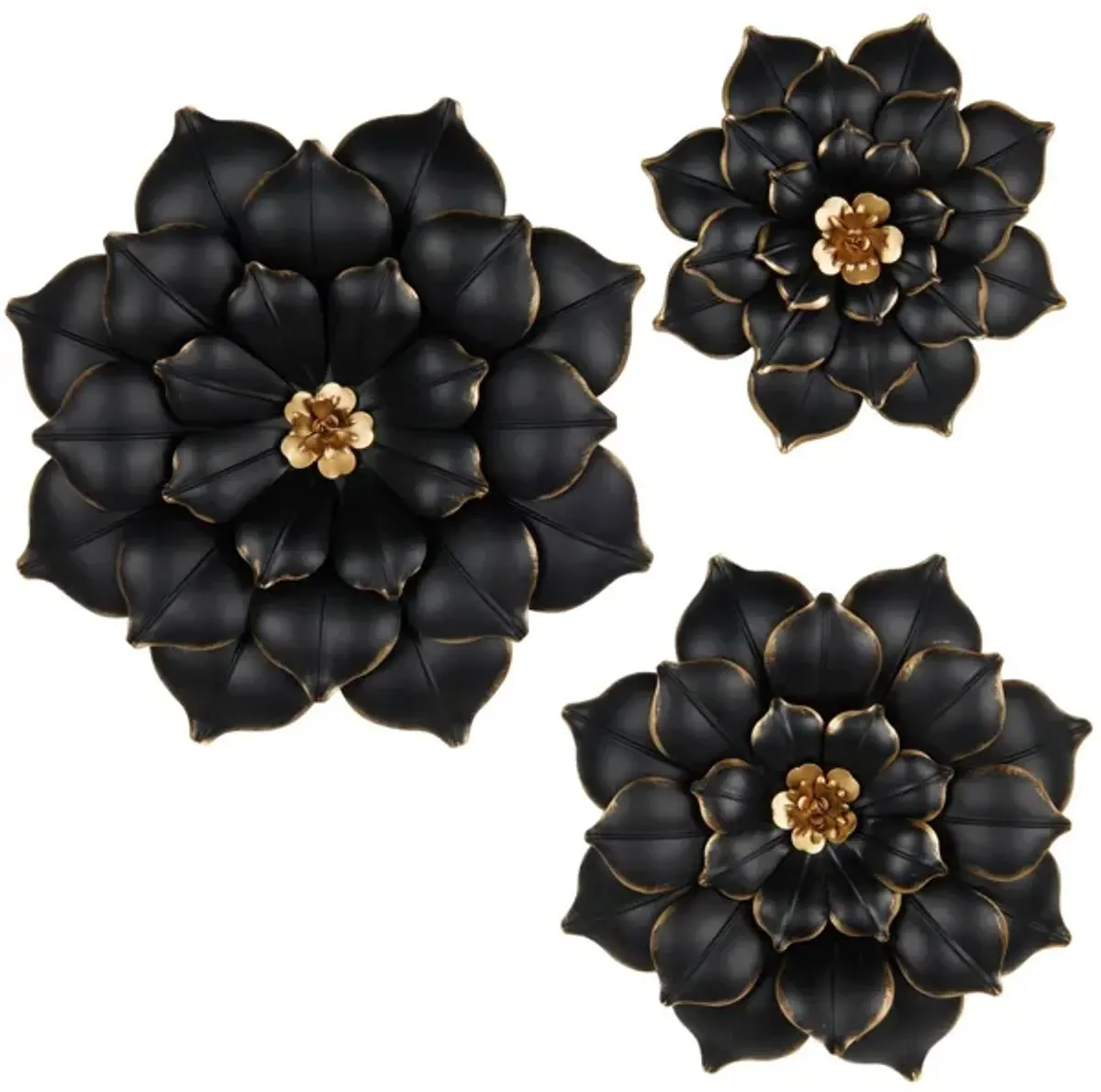 Set of 3 Black and Gold Metal Flowers Wall Decor 14/18/22"H