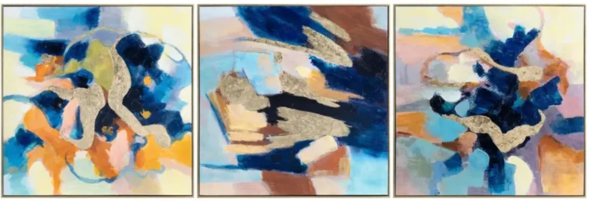 Set of 3 Colorful Blue and Gold Framed Painting 30"W x 30"H