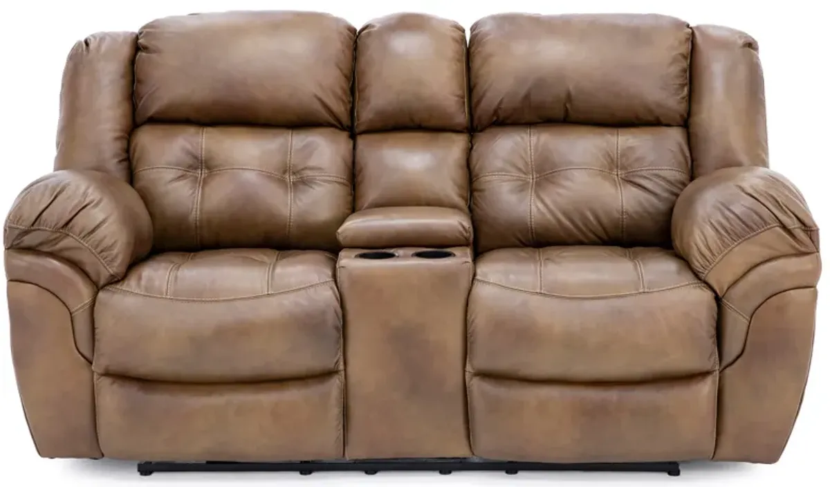 Boone Leather Power Reclining Console Loveseat in Saddle